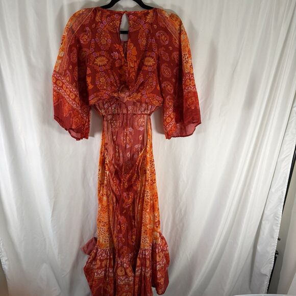 Farm Rio Anthropologie Dress Women's Medium Orange Red Floral Open Back Tie - Picture 10 of 16